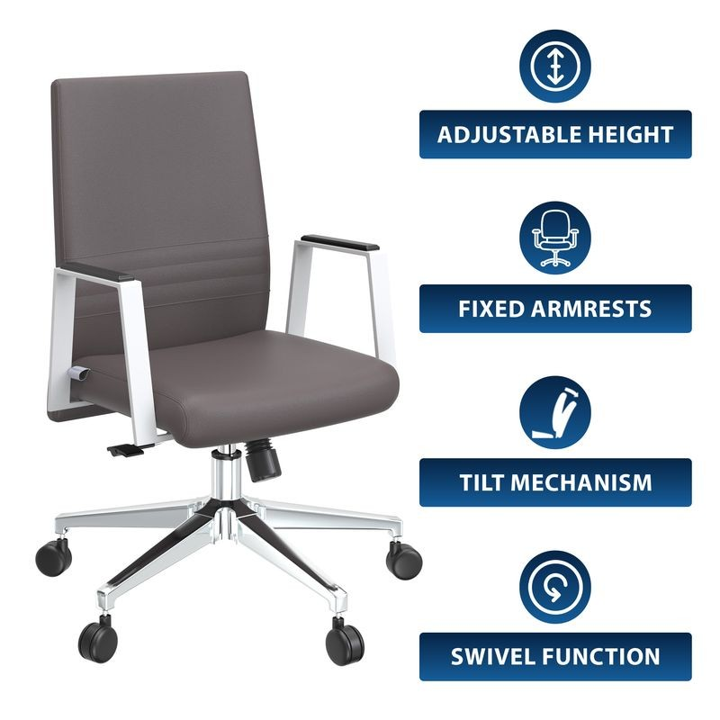 Gray office chair with features labeled on a white background.
