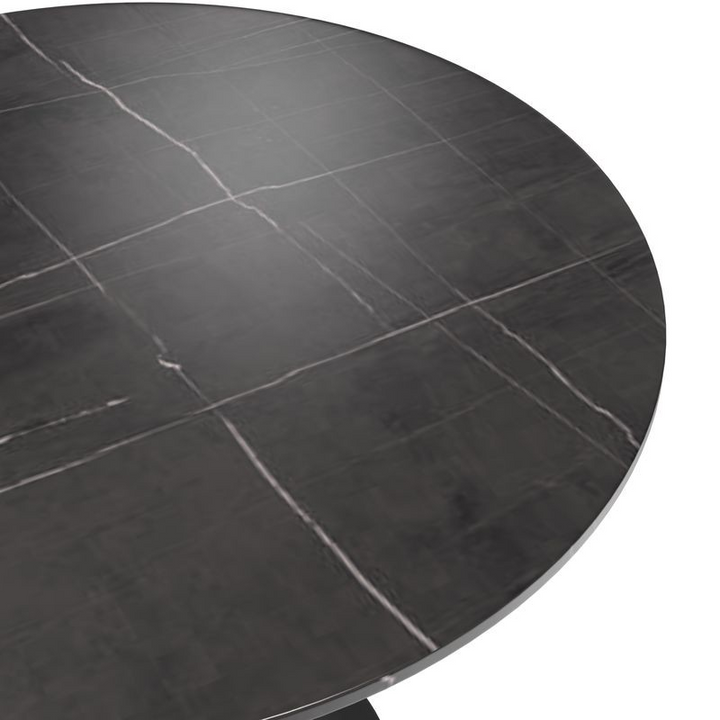 LeisureMod 5-Piece Dining Set with 36" Round Dining Table Black Sintered Stone Top and Black Pedestal with 4 Velvet Dining Chairs in White Steel Legs in Black Countertop.