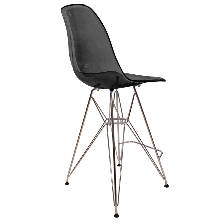 LeisureMod Cresco Modern Acrylic Barstool with Chrome Base and Footrest in Transparent Black Back View.