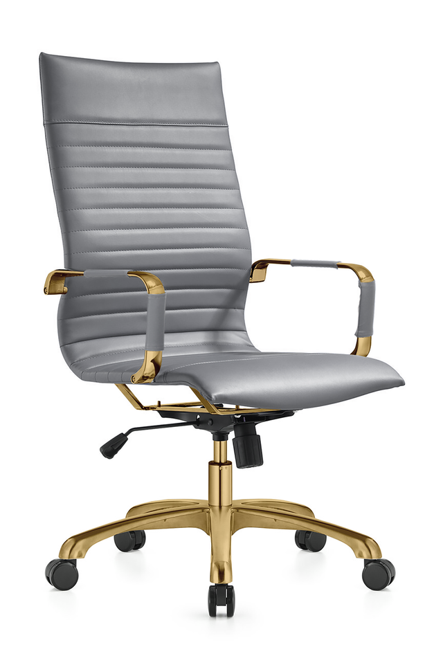 LeisureMod Harris High-Back Leatherette Office Chair with Gold Frame Grey