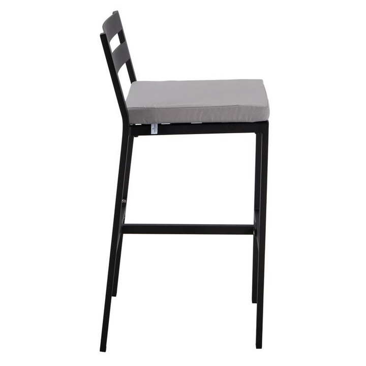 LeisureMod Chelsea Collection Modern Aluminum Outdoor Bar Chair in Black with Light Grey Cushions Side View.