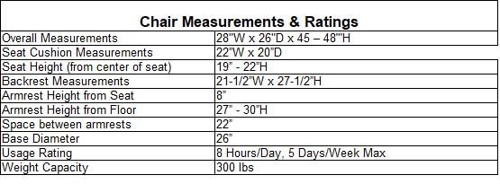 300-Lbs. Capacity High Back Brown Leather Chair with Champagne Frame Measuring Chart