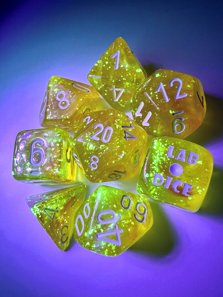Borealis® Polyhedral Canary/white Luminary™ 7-Die Set (with bonus die)