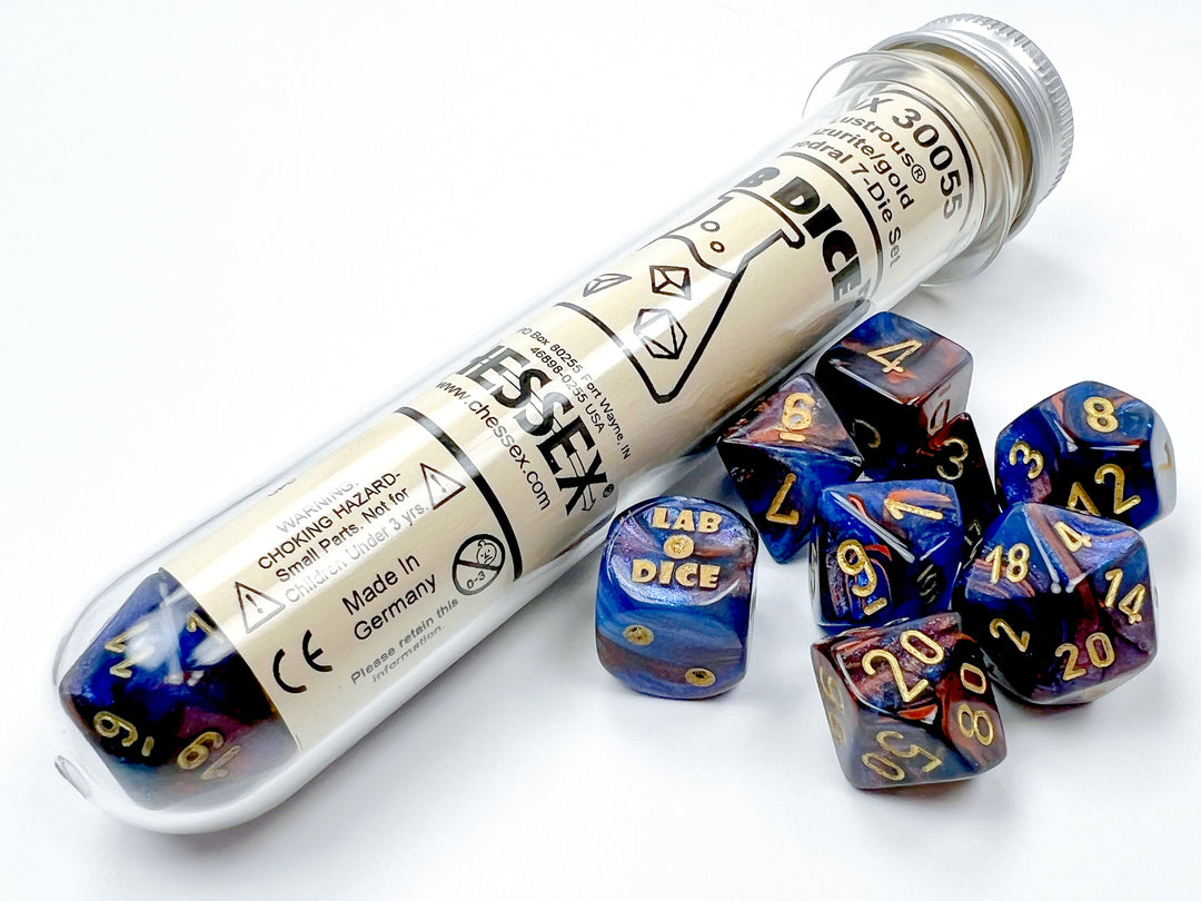 Lustrous® Polyhedral Azurite/gold 7-Die Set (with bonus die)