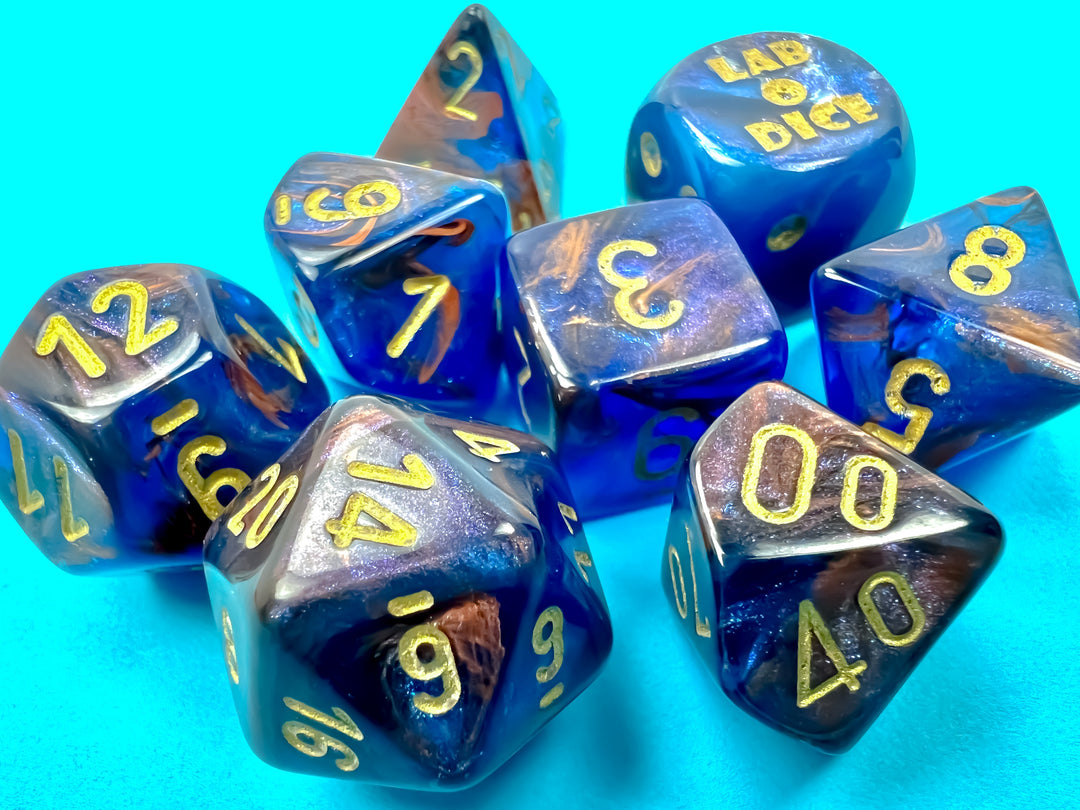 Lustrous® Polyhedral Azurite/gold 7-Die Set (with bonus die)