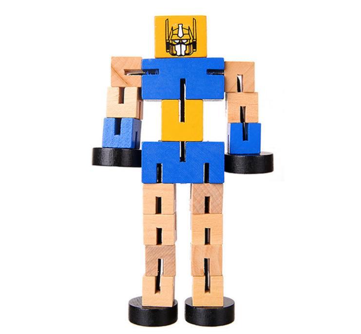 Toy figure made of interlocking wooden blocks with blue, yellow, and black colors on a white background.