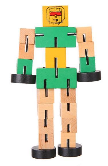 Toy figure made of interlocking wooden blocks on a white background.