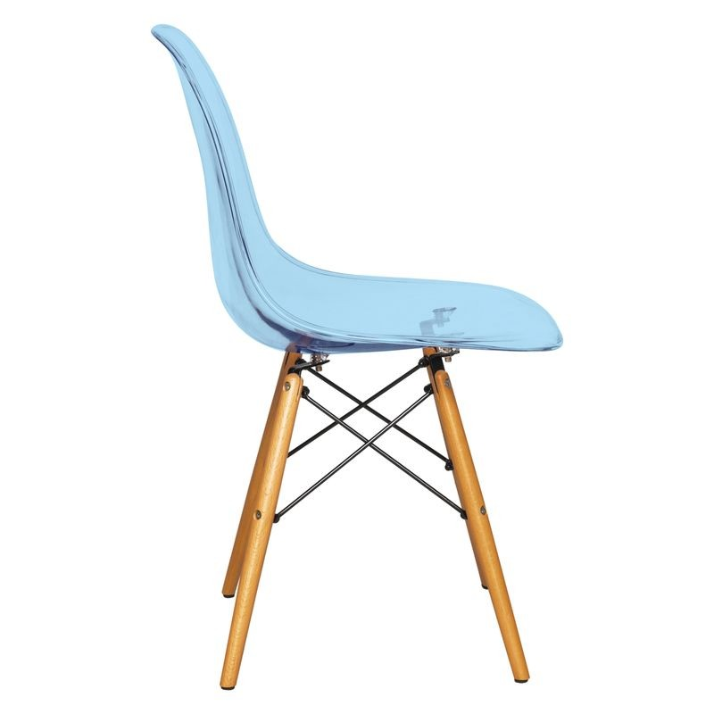 LeisureMod Dover Plastic Molded Dining Side Chair Transparent Blue Side View.
