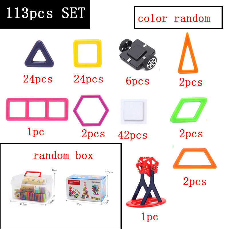 Set of geometric shapes with quantities and color randomness indicated, along with a sample box and model.