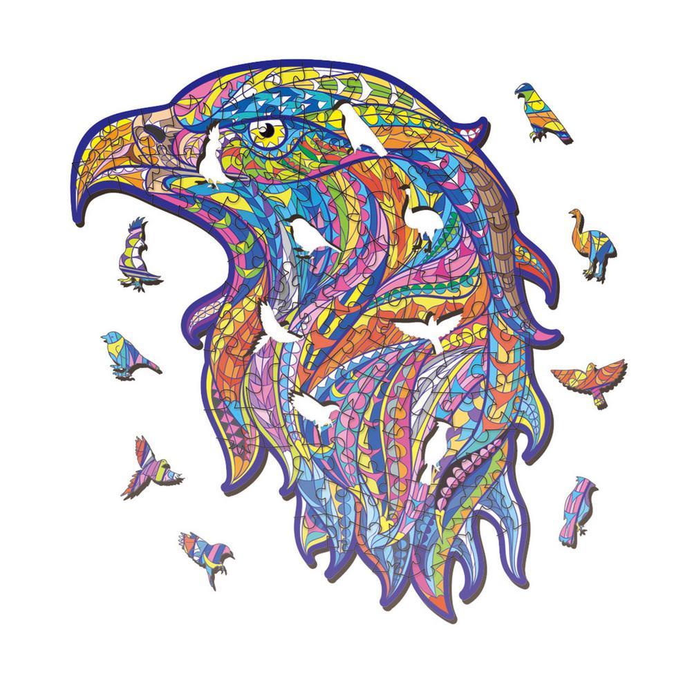 Colorful mosaic-style eagle design with smaller birds around on a white background.