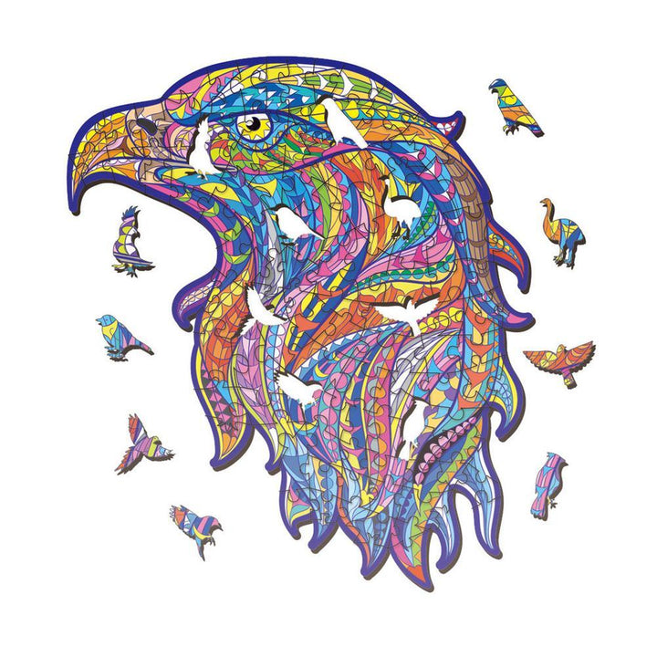 Colorful mosaic-style eagle design with smaller birds around on a white background.