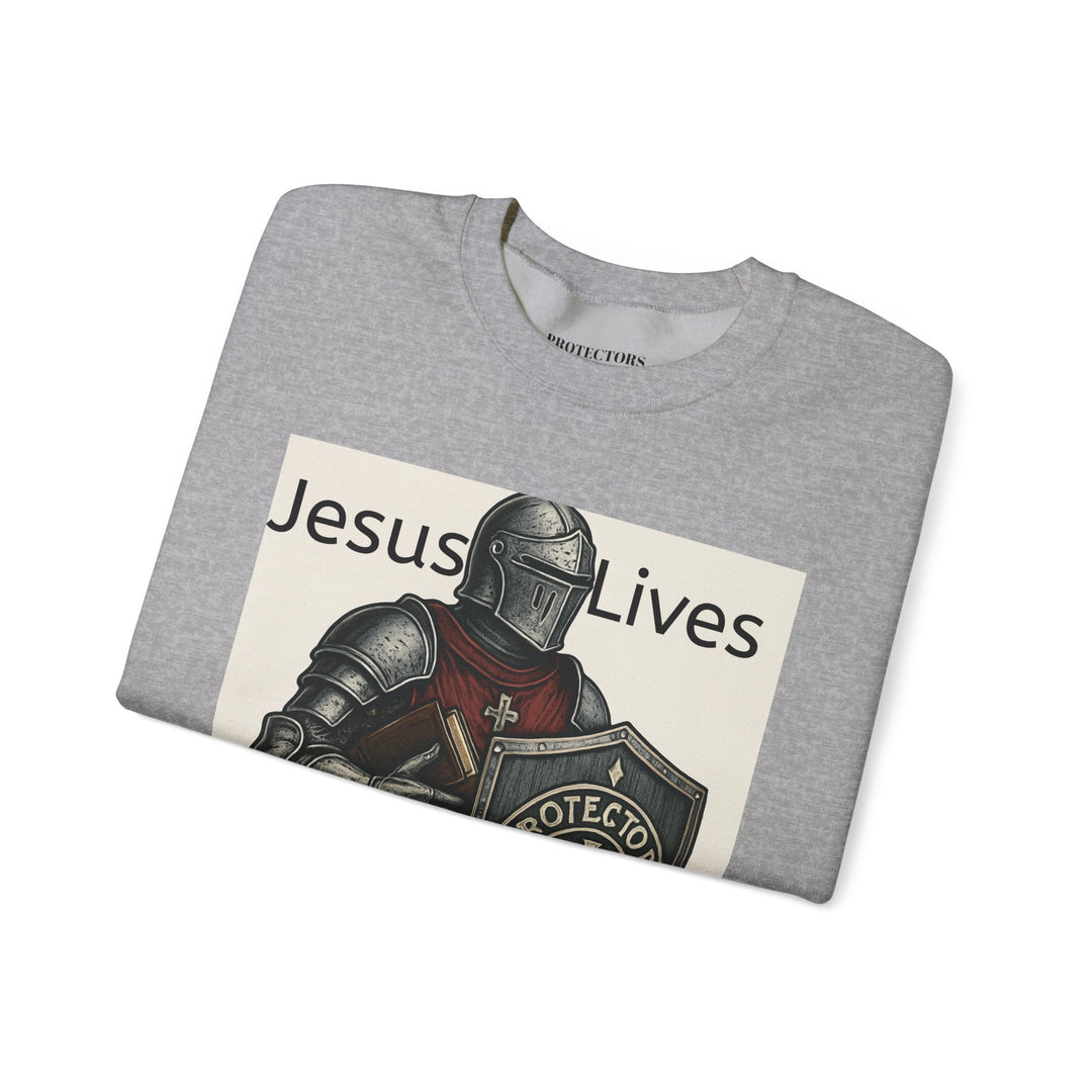 Knight Shield Crewneck Sweatshirt — "Protectors of the Word Jesus Lives"
