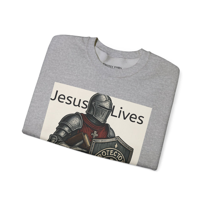 Knight Shield Crewneck Sweatshirt — "Protectors of the Word Jesus Lives"