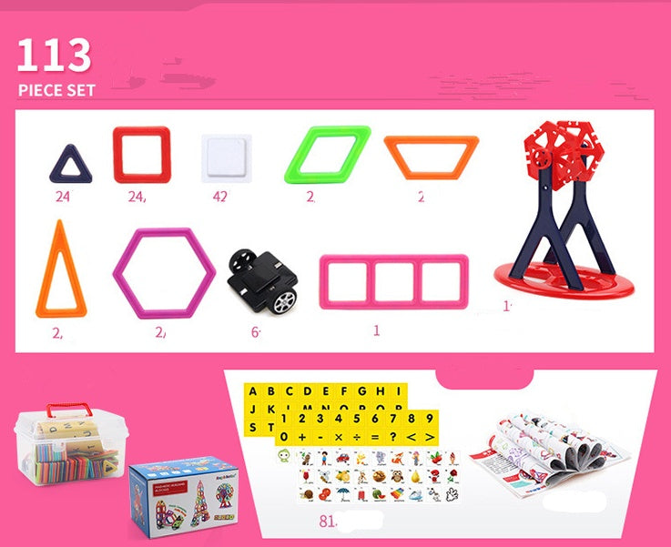 Toy set with various pieces and a toolbox on a pink background.