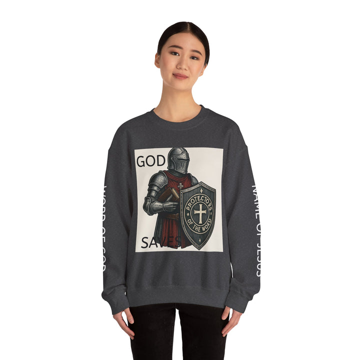 Knight Shield Crewneck Sweatshirt — "Protectors of the Word" Christian Armor Design