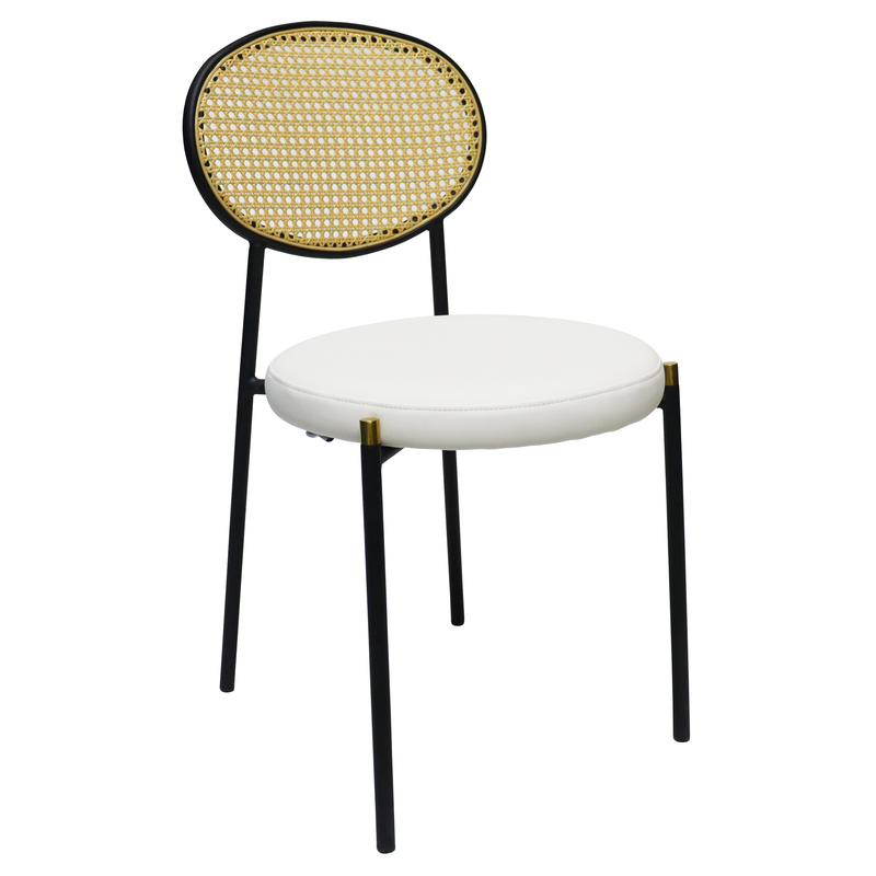 LeisureMod Euston Modern Wicker Dining Chair with Black Frame and Leather Seat in White