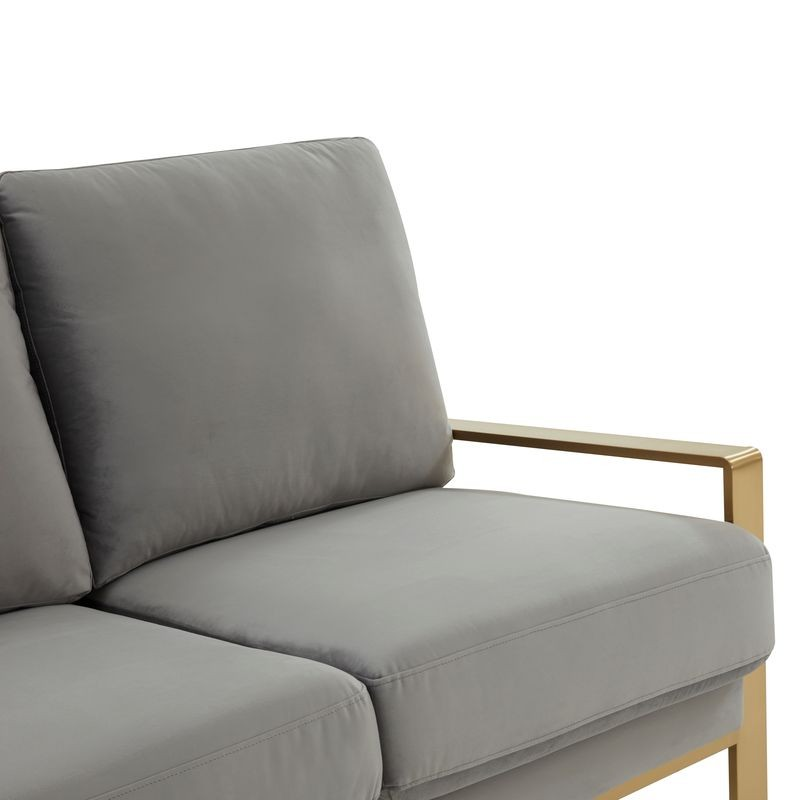 LeisureMod Jefferson Contemporary Modern Design Velvet Sofa with Gold Frame Light Grey CloseUp.