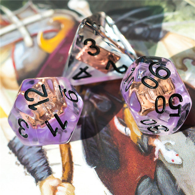 Warlock (Magic Book) Clear Purple Dice w/ Golden Book 7-Dice Set Rpg