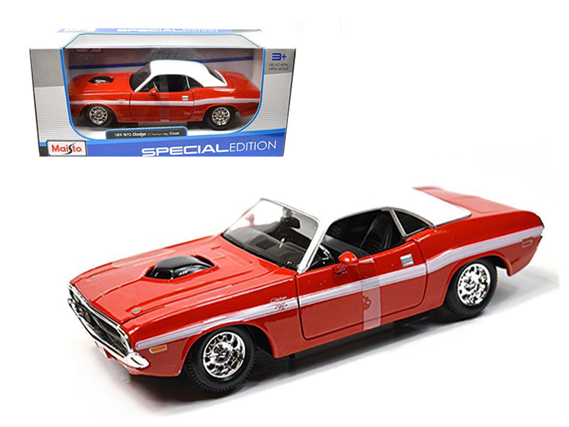 1970 Dodge Challenger R/T Coupe Red with White Top and White Stripes 1/24 Diecast Model Car by Maisto