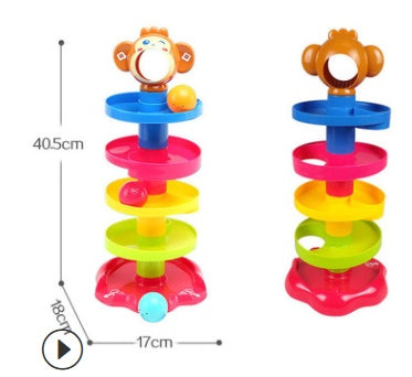 Colorful toy stack with monkey figure and measurement details.