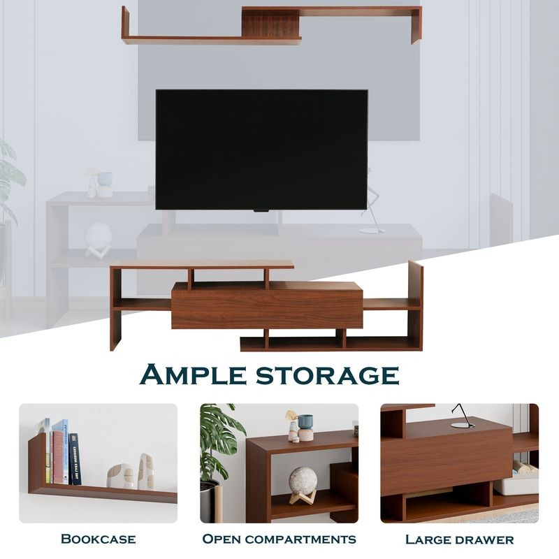 LeisureMod Surrey Modern TV Stand with MDF Shelves and Bookcase in Walnut Description of Storage.