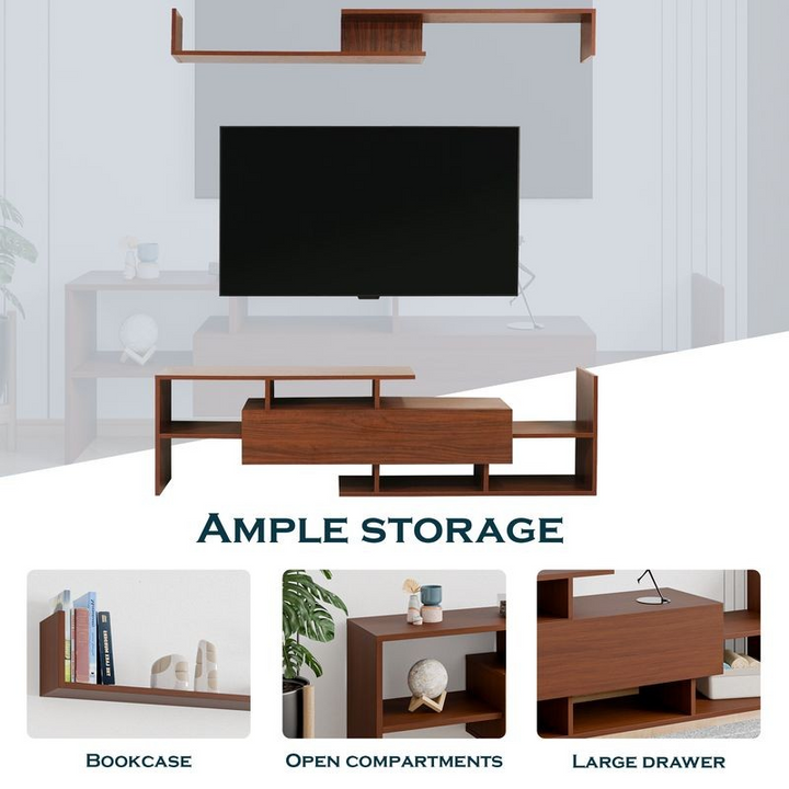 LeisureMod Surrey Modern TV Stand with MDF Shelves and Bookcase in Walnut Description of Storage.