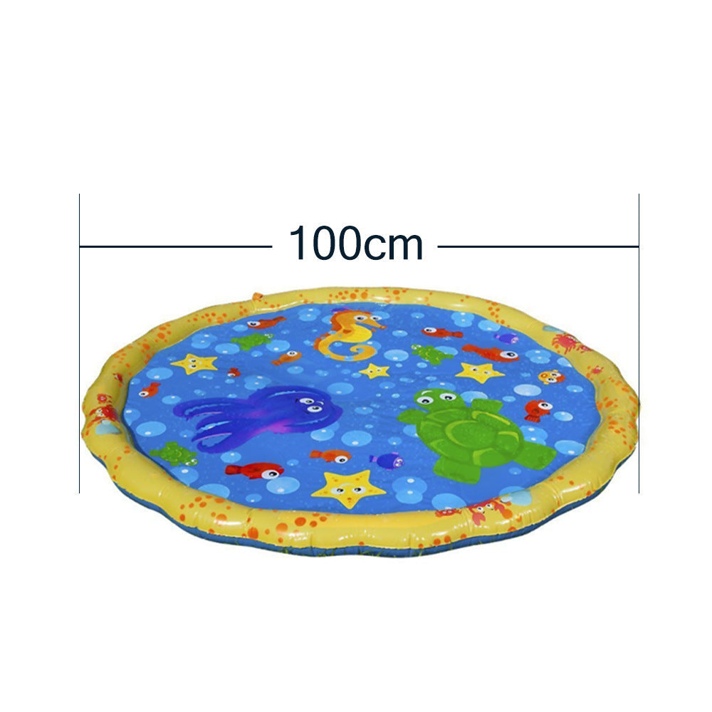 Inflatable play mat with sea creature design and dimensions on a white background.