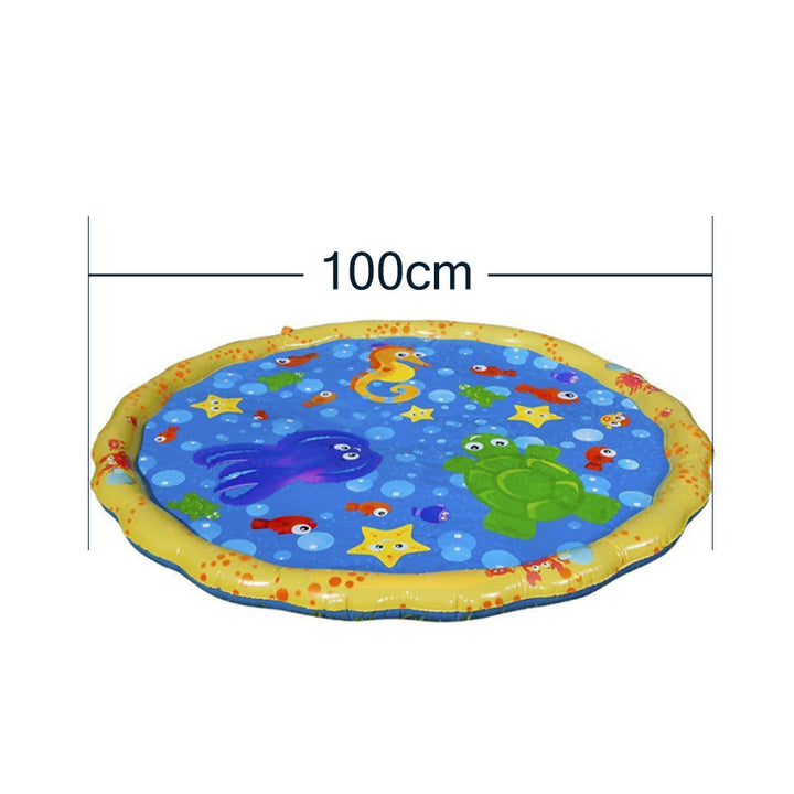 Inflatable play mat with sea creature design and dimensions on a white background.