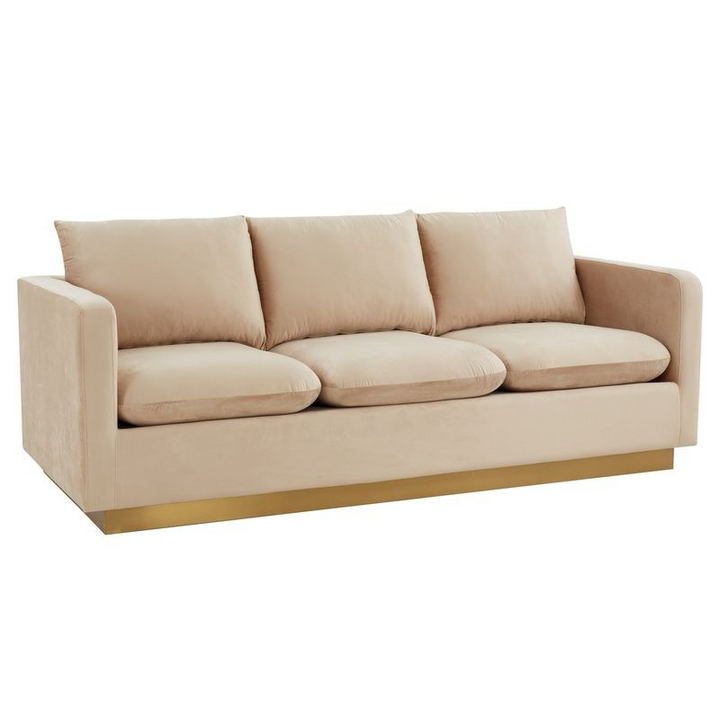 LeisureMod Nervo Modern Mid-Century Upholstered Velvet Sofa with Gold Frame Beige