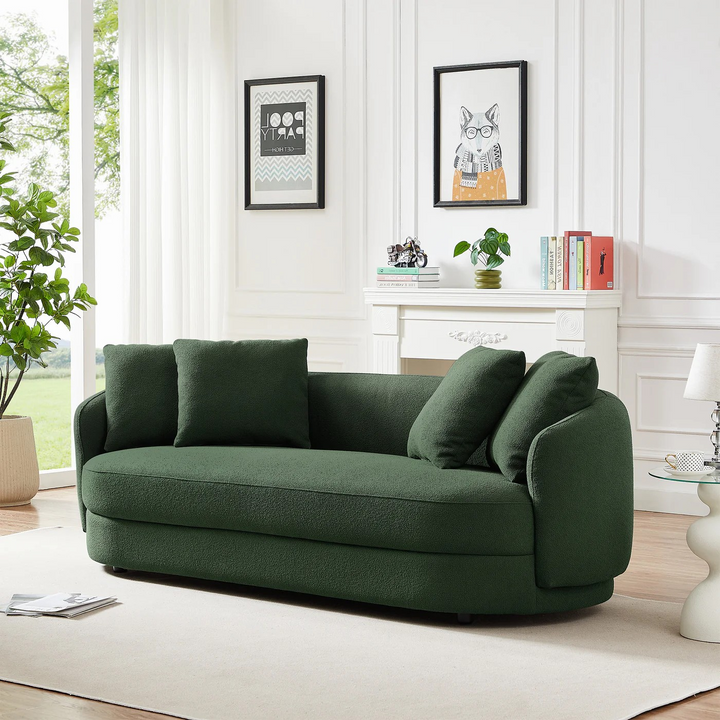 Dylan Modern French Olive Green Boucle Sofa in Room.