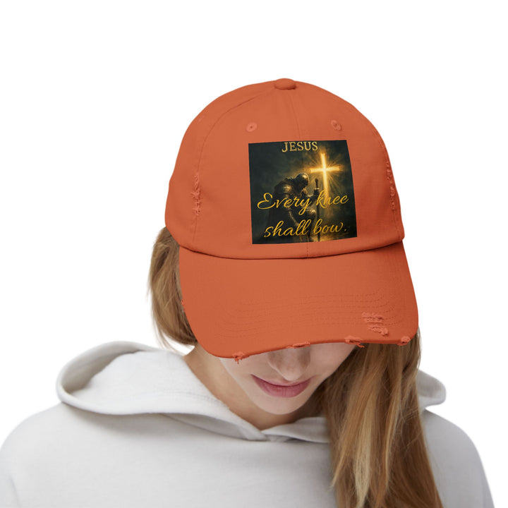Jesus Cross Distressed Cap — "Every Knee Shall Bow" Christian Hat
