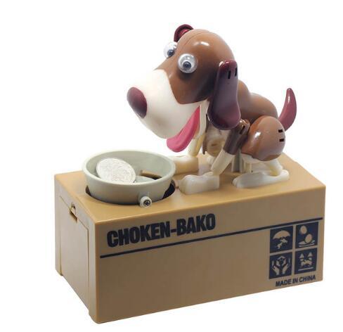 Dog-shaped bank with Choken Bako branding on a beige box.