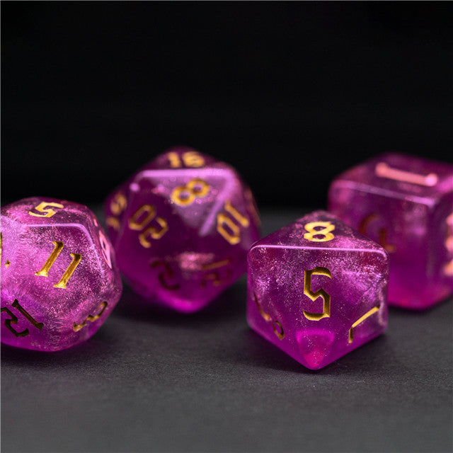 Violet Glitter Party Glitter Dice (Gold font) 7-Dice Set RPG DND