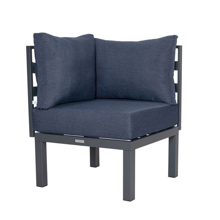 LeisureMod Chelsea 7-Piece Patio Sectional and Coffee Table Set Black Aluminum with Cushions Blue Corner Piece.