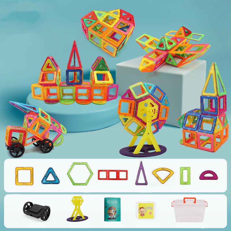 Colorful magnetic building blocks set on a blue background with additional blocks and tools displayed.