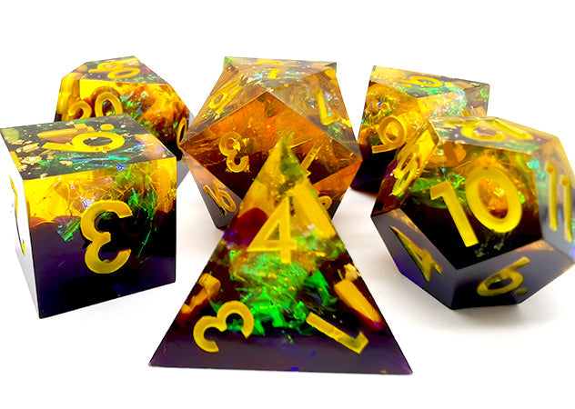 Starry Sky Yellow w/ Purple Shimmer 7-Dice Set Resin Sharp Edge RPG DND