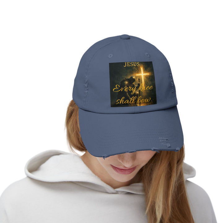 Jesus Cross Distressed Cap — "Every Knee Shall Bow" Christian Hat