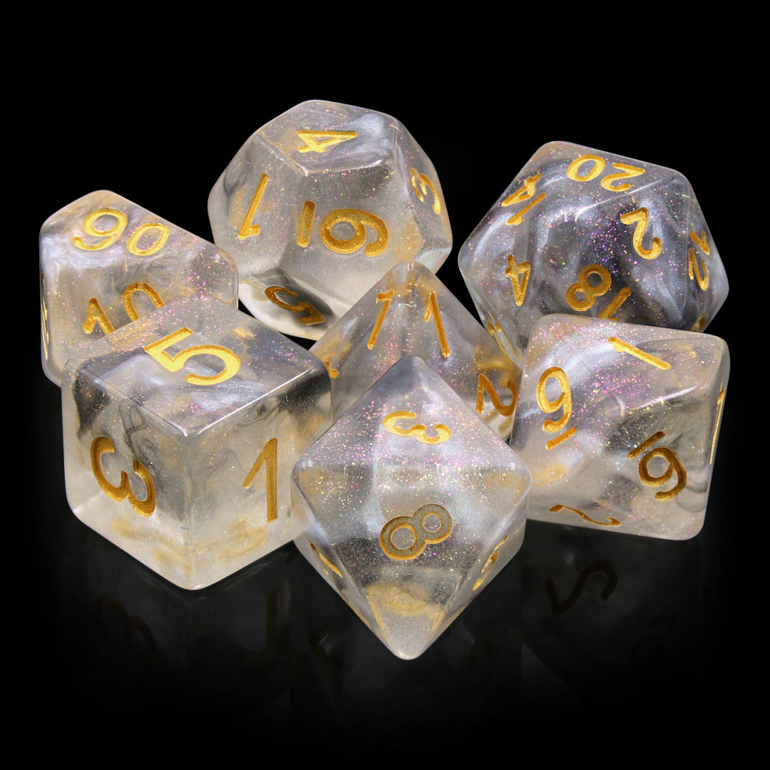 Sky Haze: Clear w/Purple Glitter Iridescent Effect 7-Dice Set