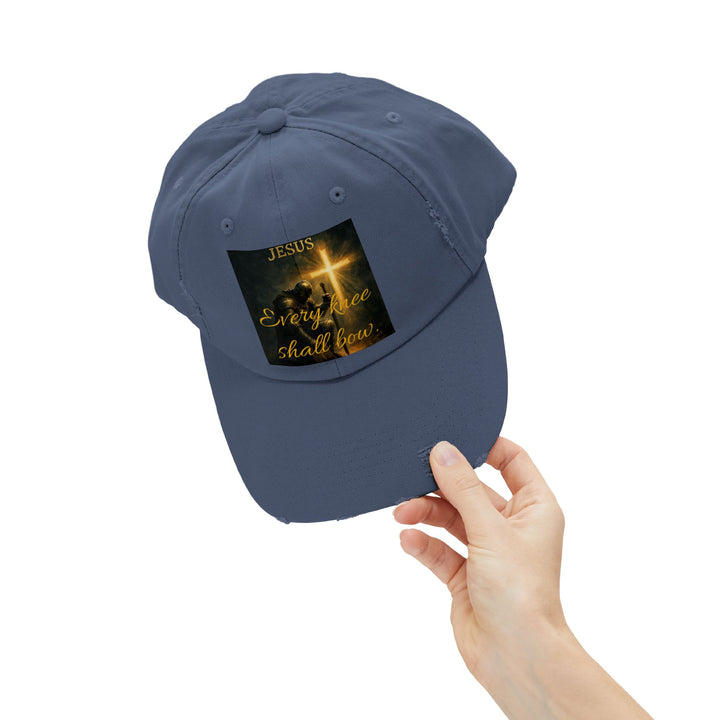 Jesus Cross Distressed Cap — "Every Knee Shall Bow" Christian Hat