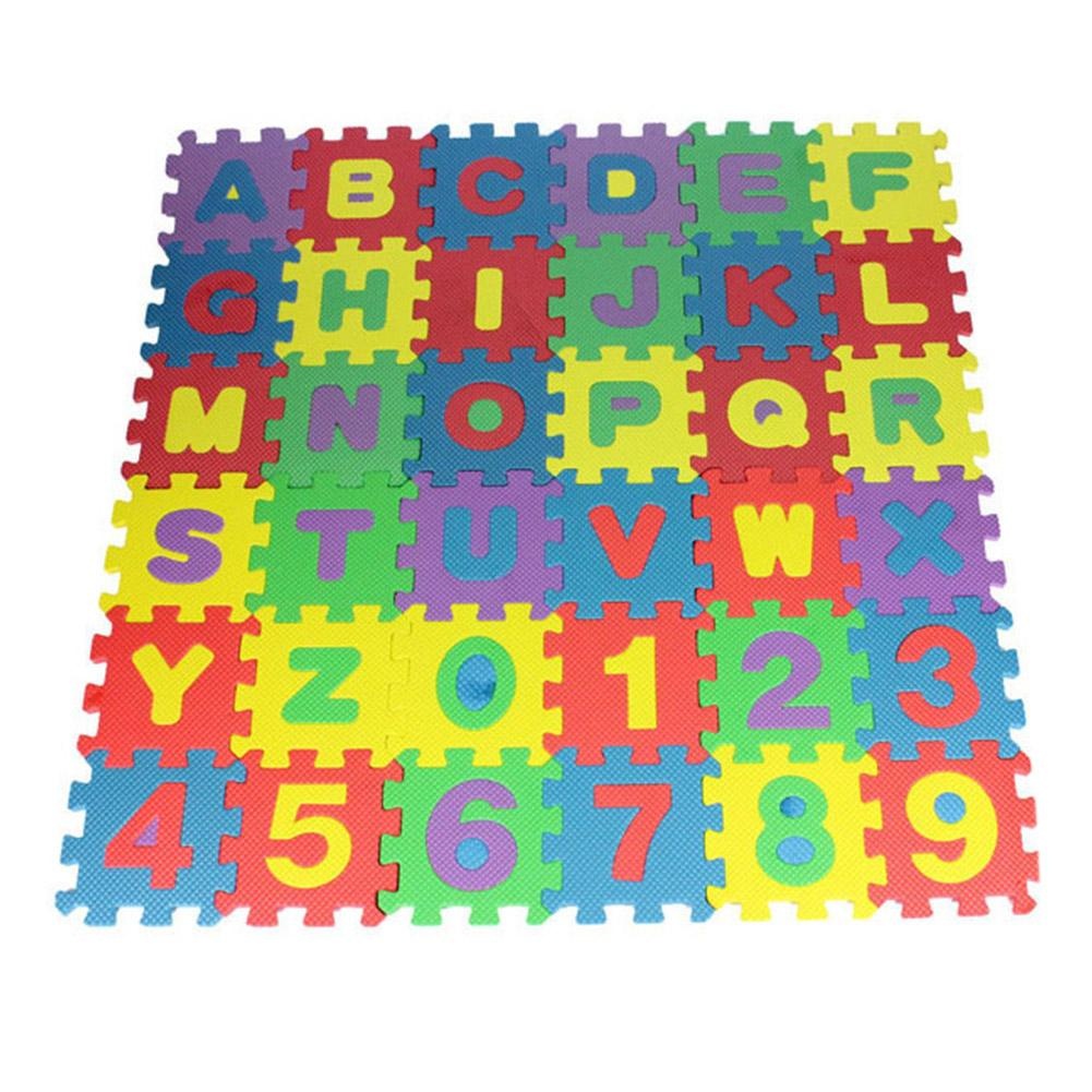 Colorful alphabet and number puzzle mat on a white background.