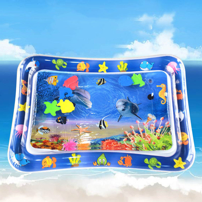 Inflatable water mat with ocean-themed design on a blue-sky background.