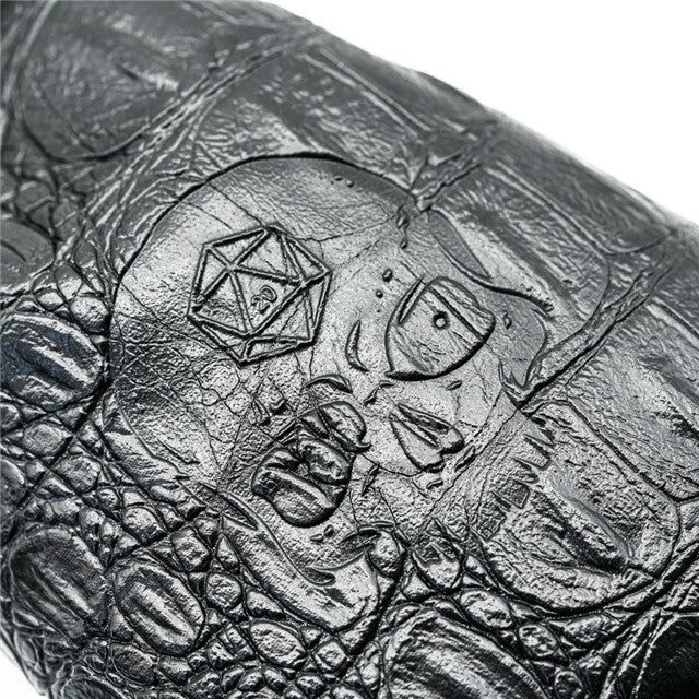 Leather Dice Bag with Skull sporting d20 Tattoo