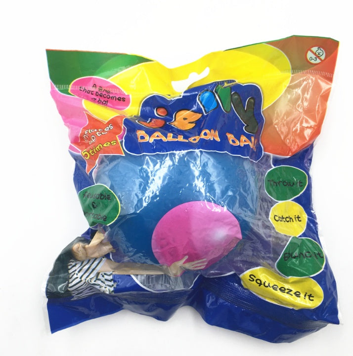 Packaged balloon ball with colorful text and graphics on a white background.