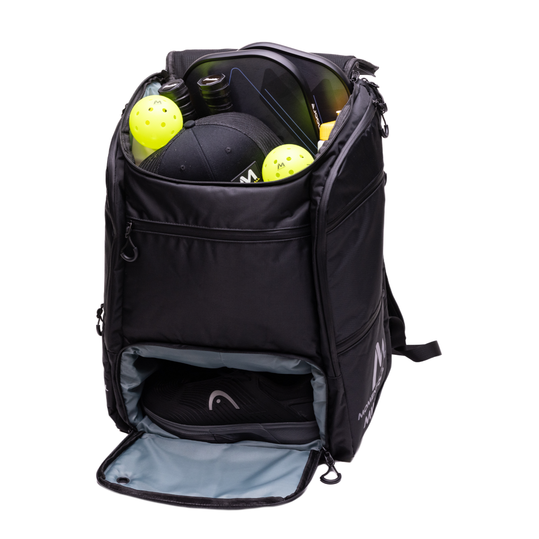 MW-PRO Bag Travel Bag Black and Silver Opened with Items.