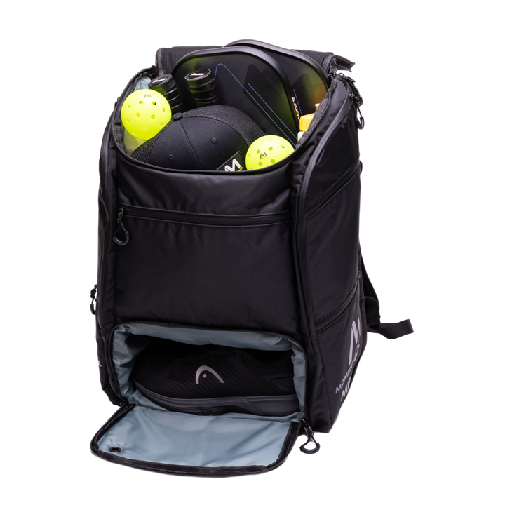 MW-PRO Bag Travel Bag Black and Silver Opened with Items.