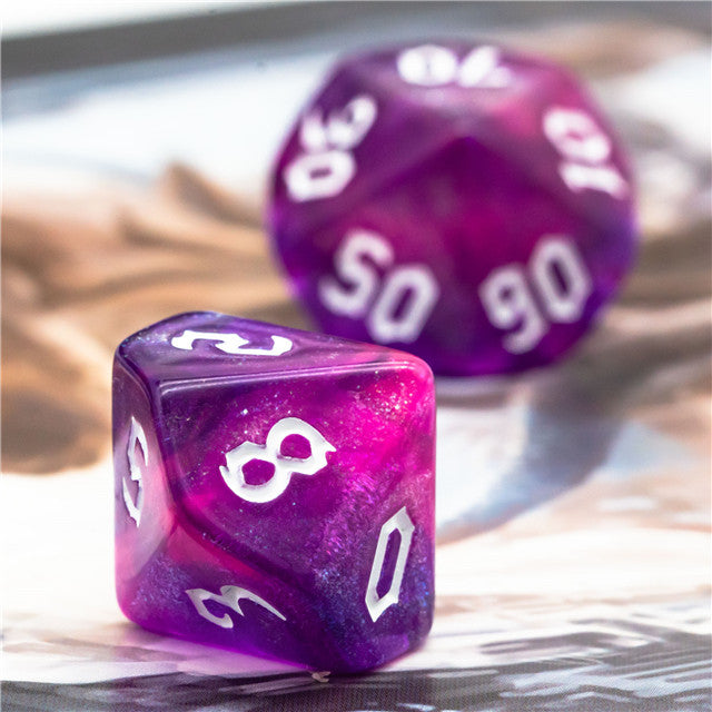 Purple + Red Glitter Party Dice (White font) 7-Dice Set RPG DND