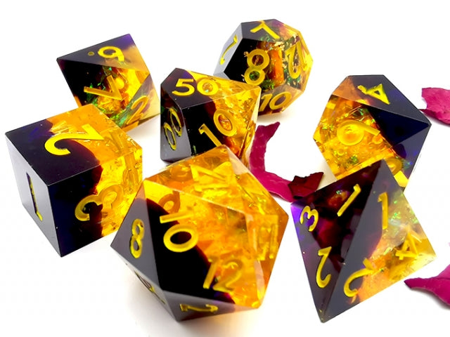Starry Sky Yellow w/ Purple Shimmer 7-Dice Set Resin Sharp Edge RPG DND