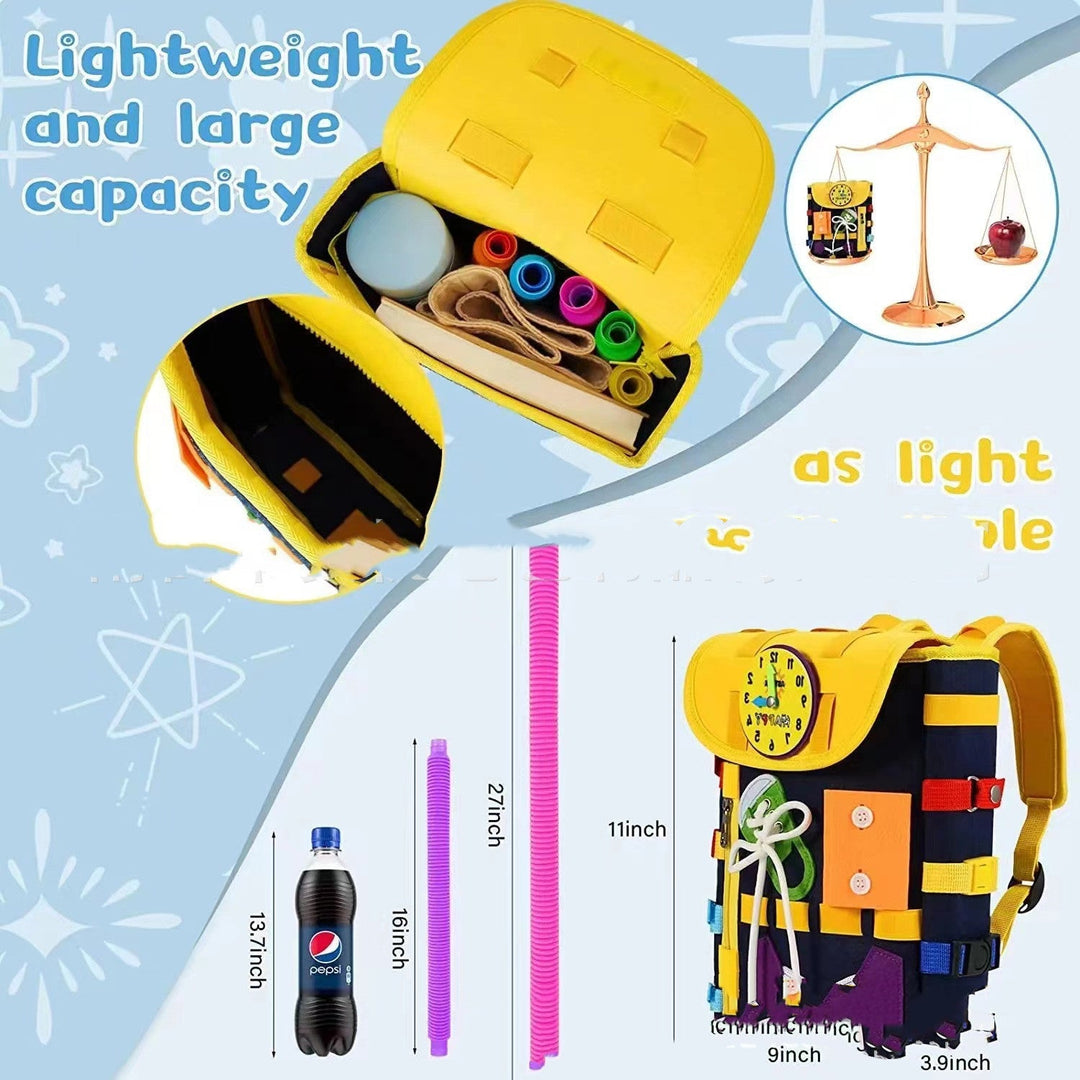 Yellow backpack with colorful compartments and measurements on a light blue background.