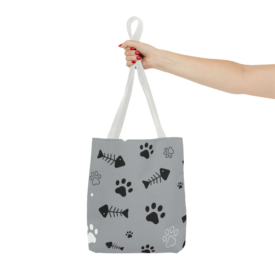 Paws and Fish Gray Pattern Tote Bag (AOP)