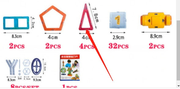 Colorful geometric shapes with measurements and quantities on a white background.